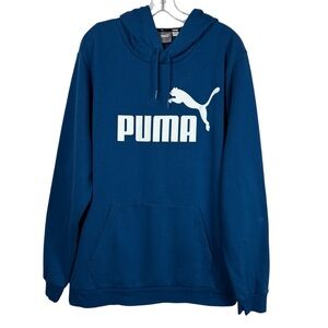 Puma Men's Blue White Logo Fleece Lined Pullover Hoodie Sweatshirt XXL 2XL Gym